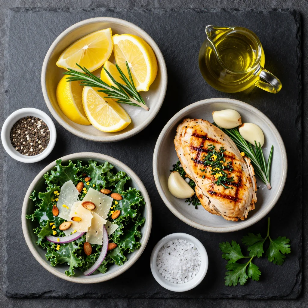 Ingredients for clean eating lemon herb chicken and kale salad for january meals