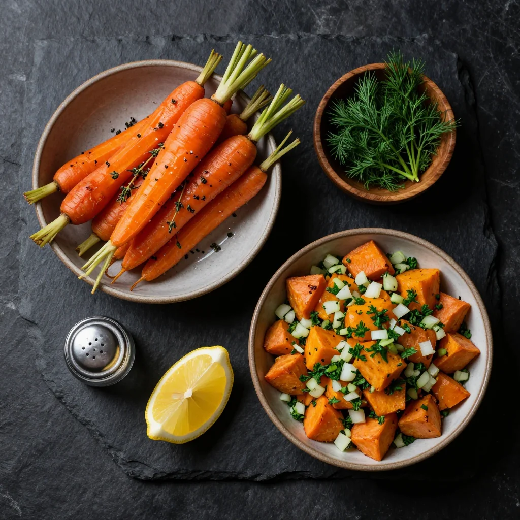 Ingredients for comforting lemon roasted carrots and sweet potato hash for winter