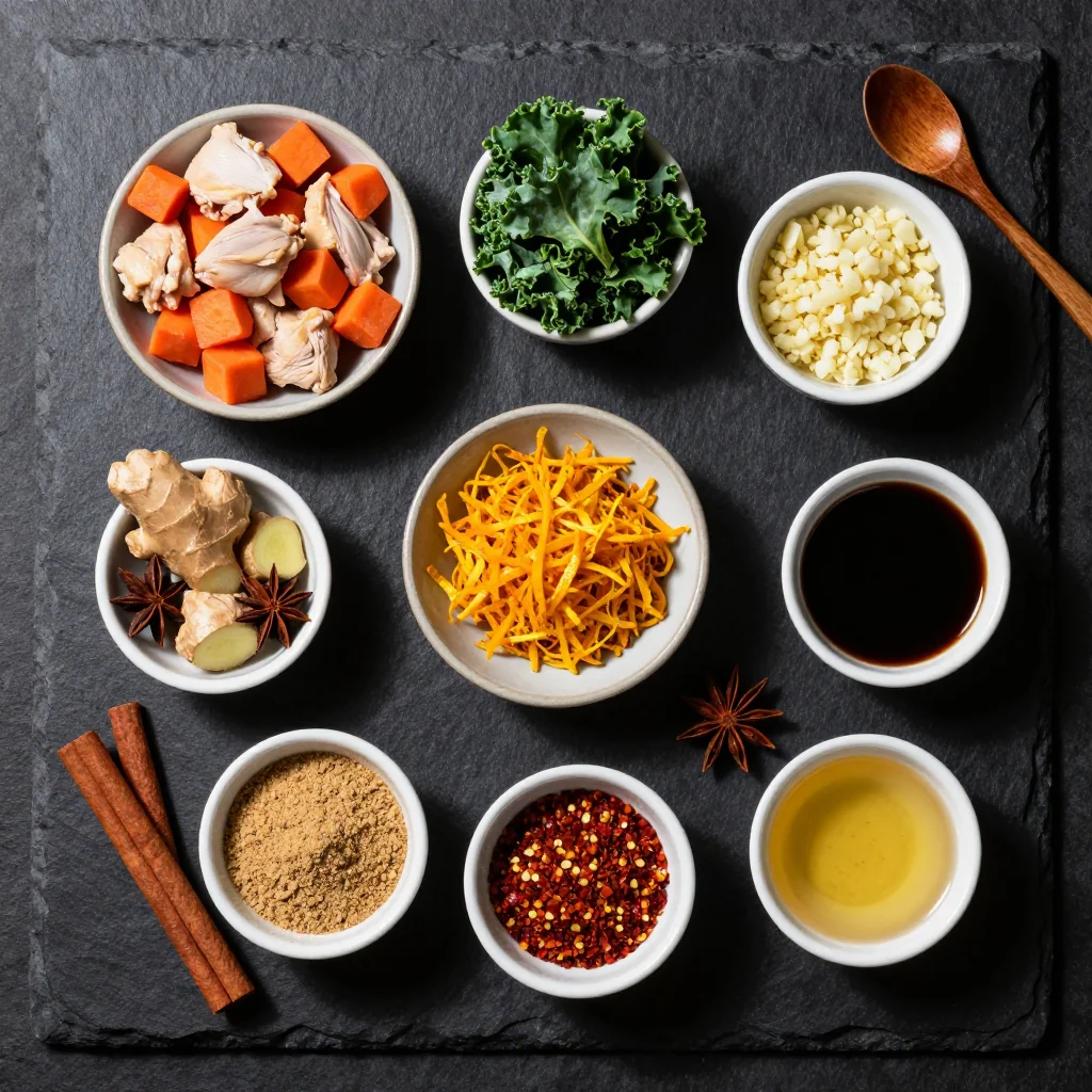 Ingredients for comforting spiced orange chicken with kale and root vegetables
