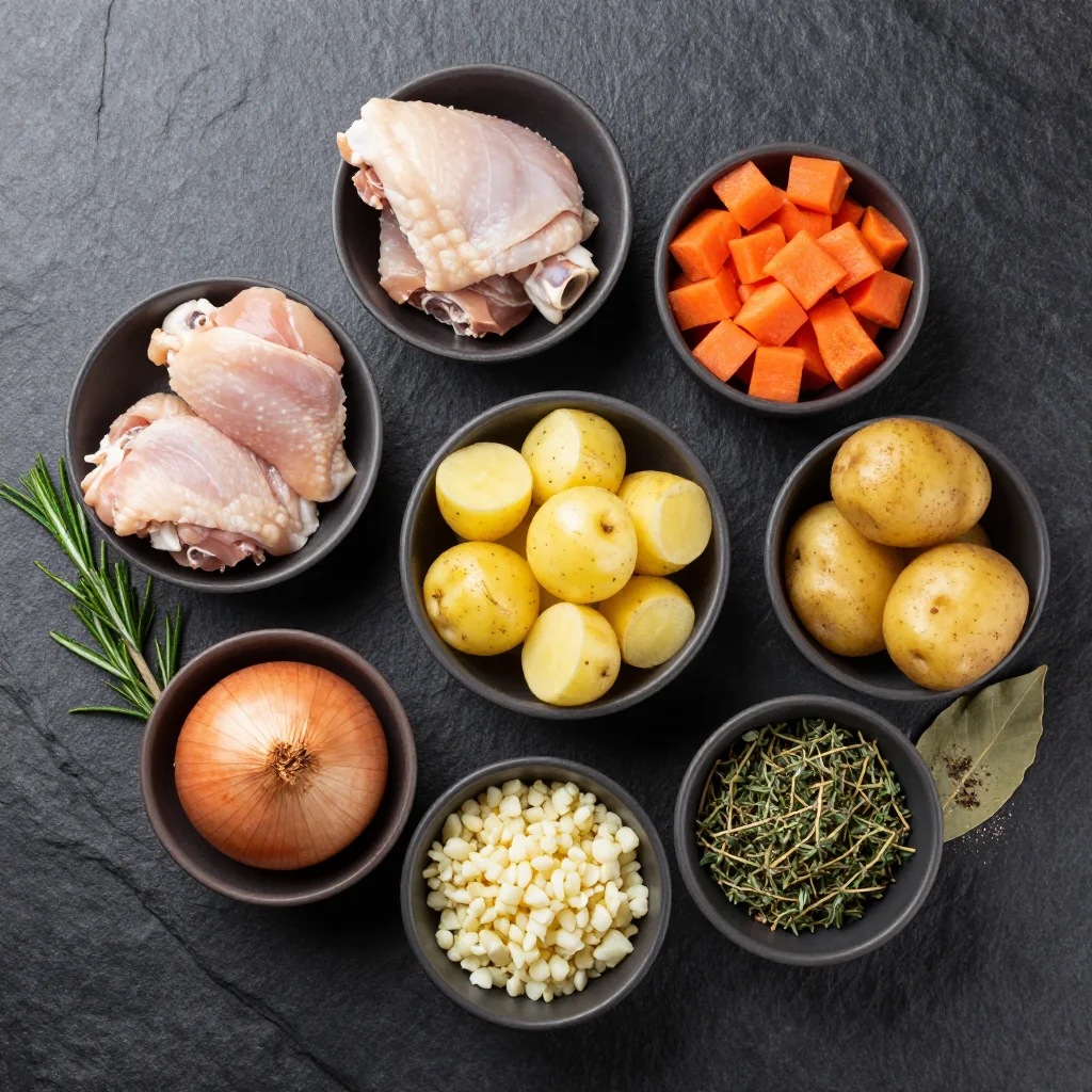 Ingredients for cozy one pot chicken and winter vegetable stew with garlic and herbs