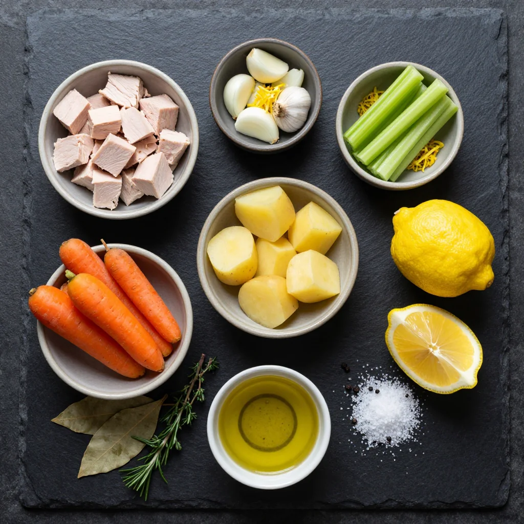 Ingredients for cozy slow cooker turkey and winter vegetable stew with lemon garlic