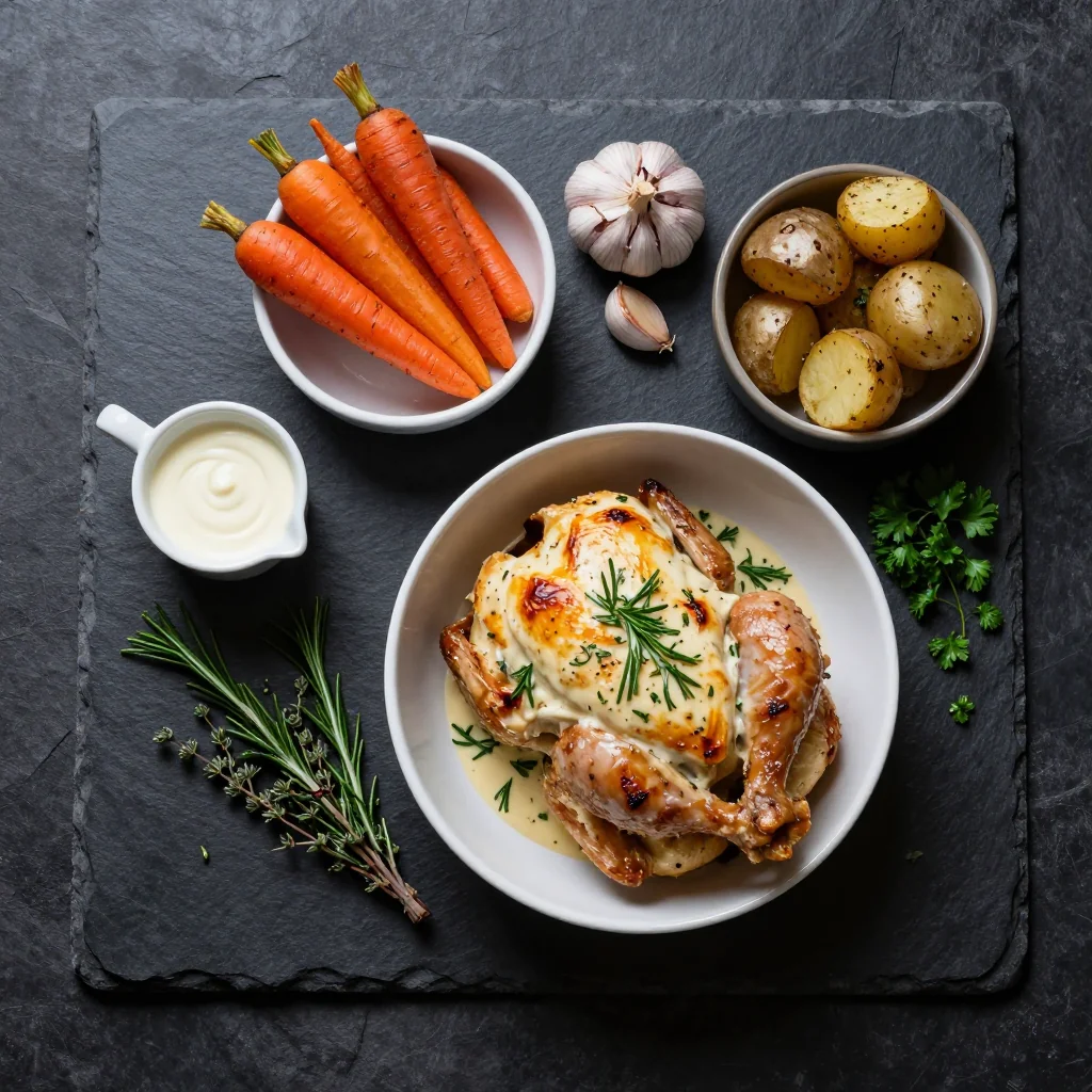 Ingredients for creamy garlic and herb roasted chicken with root vegetables for january