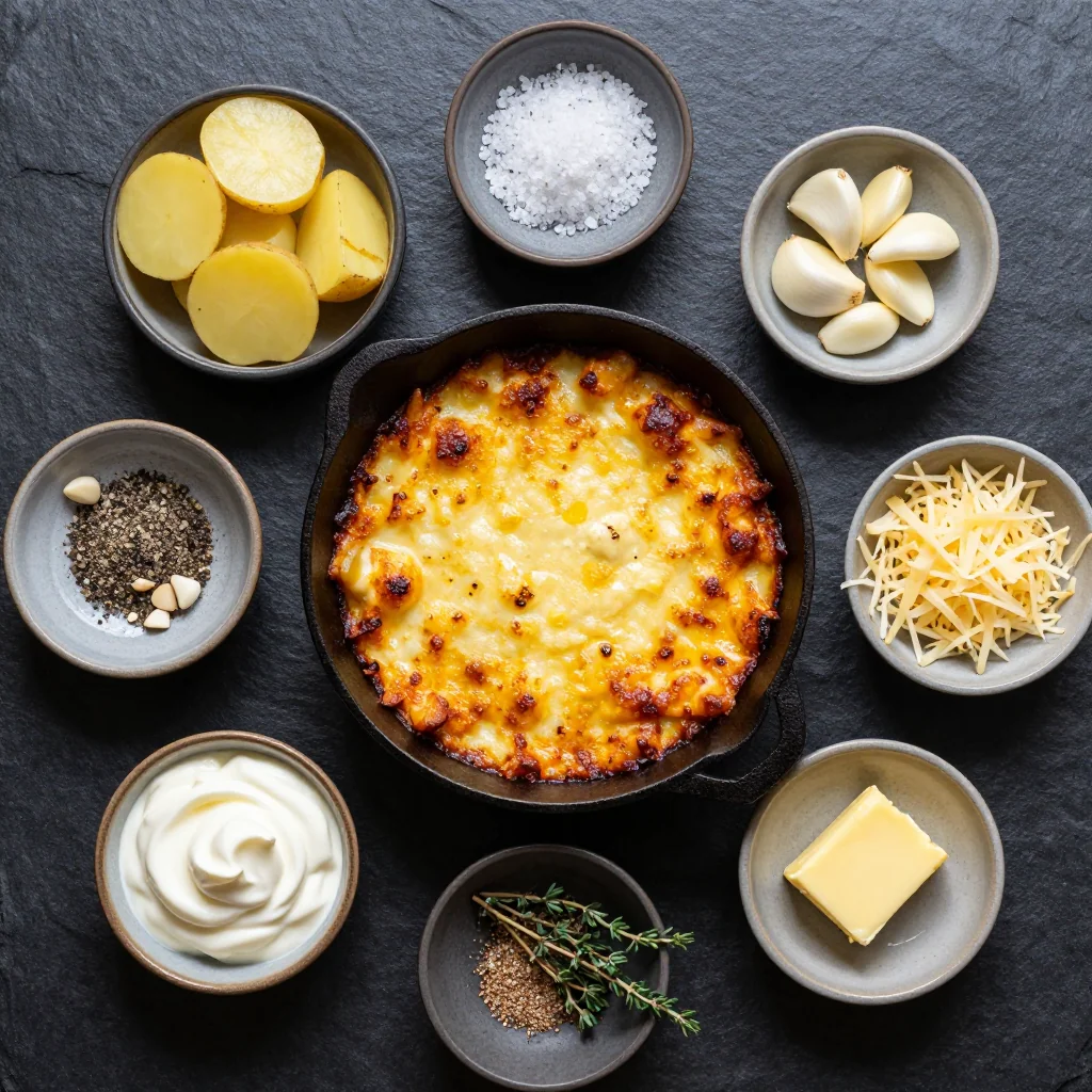 Ingredients for creamy garlic and roasted potato gratin for hearty winter family meals