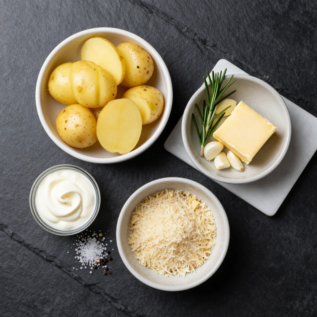 Ingredients for creamy garlic and rosemary potato gratin for rich family suppers
