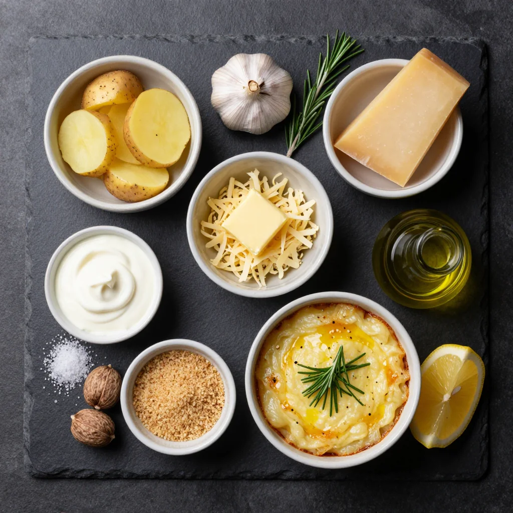 Ingredients for creamy garlic potato gratin with rosemary for cozy family suppers