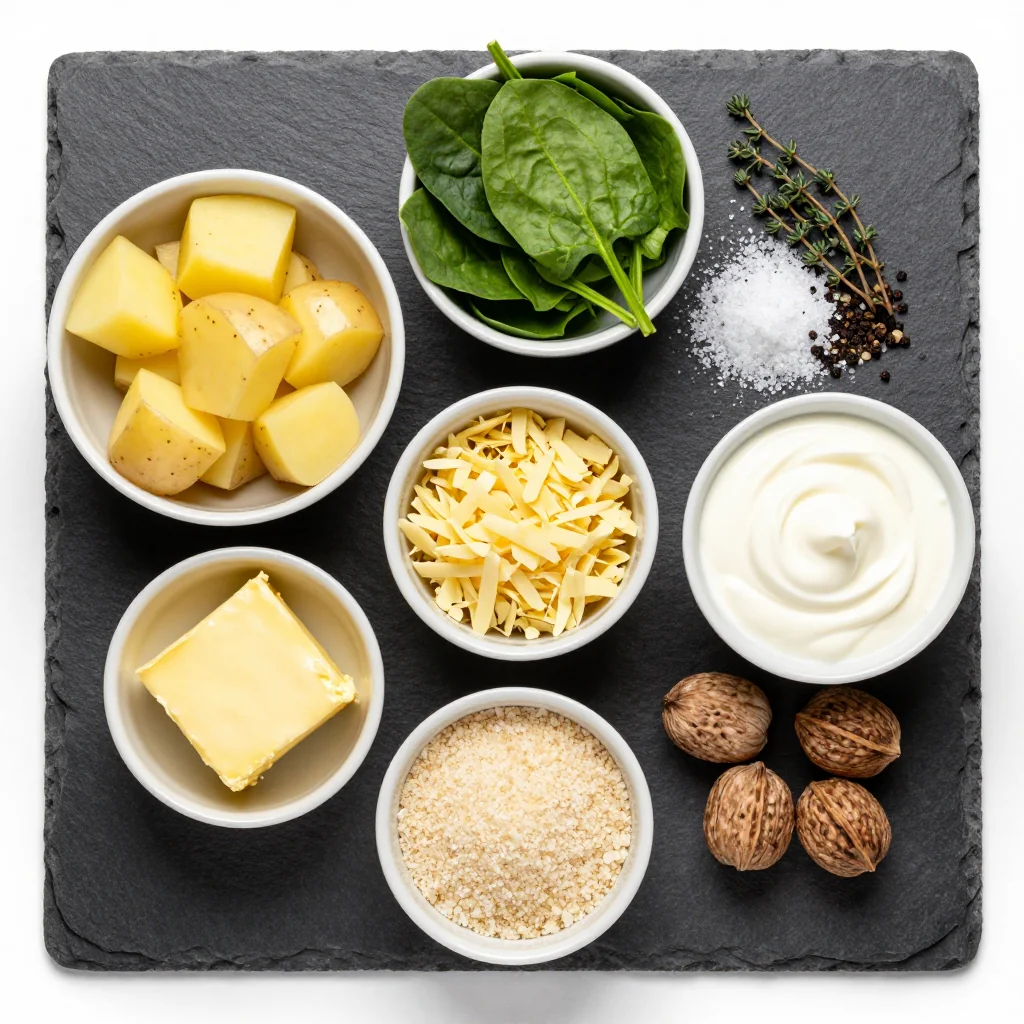 Ingredients for creamy spinach and potato gratin perfect for budgetfriendly suppers