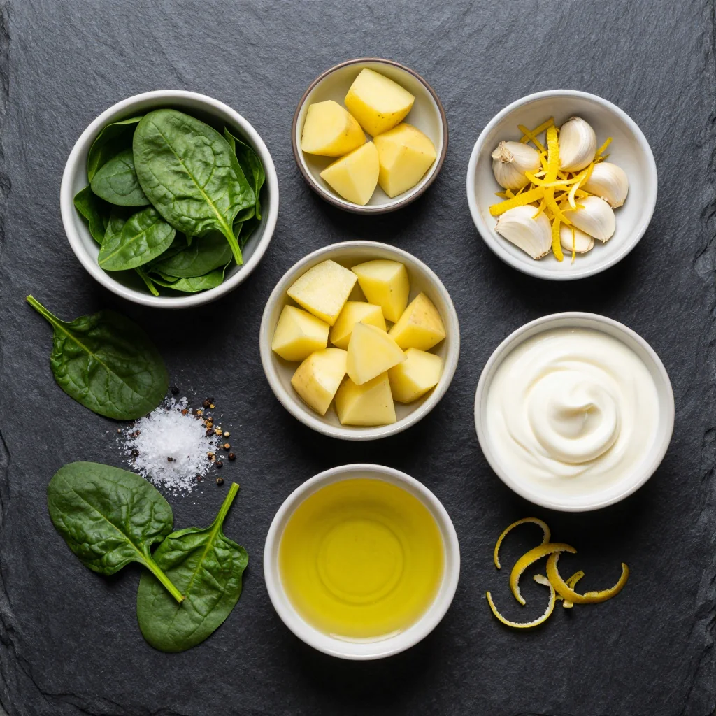 Ingredients for creamy spinach and potato soup with garlic and lemon zest