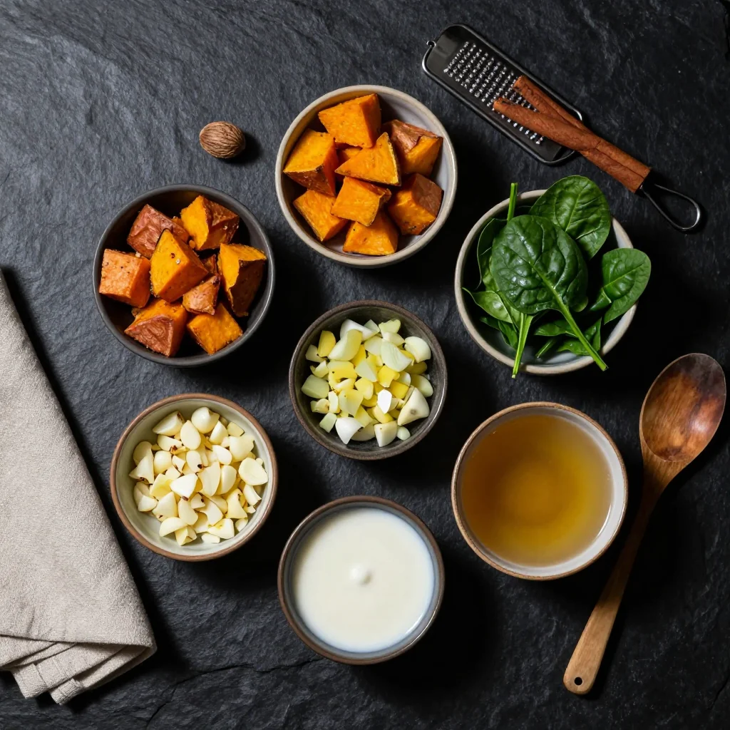 Ingredients for creamy sweet potato and spinach soup for chilly family suppers in january