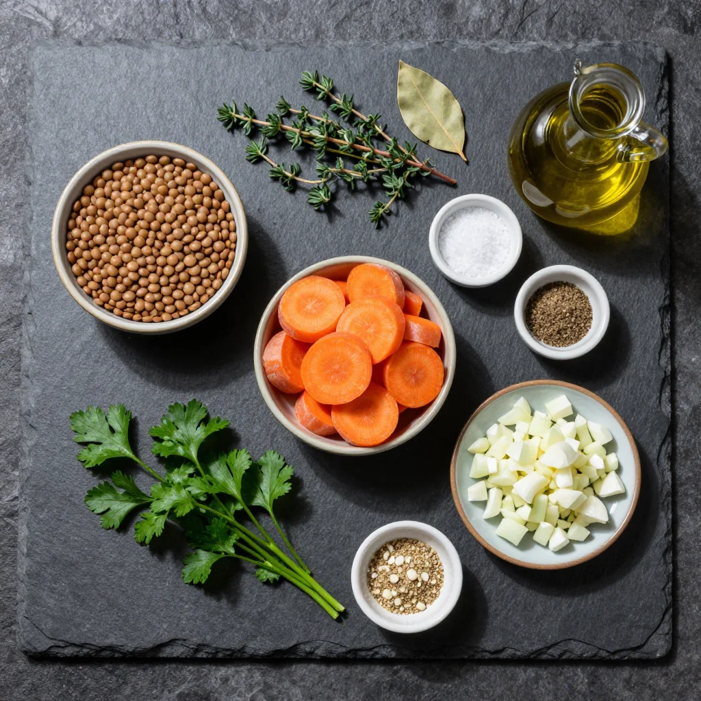Ingredients for easy meal prep lentil and carrot stew with fresh herbs and garlic