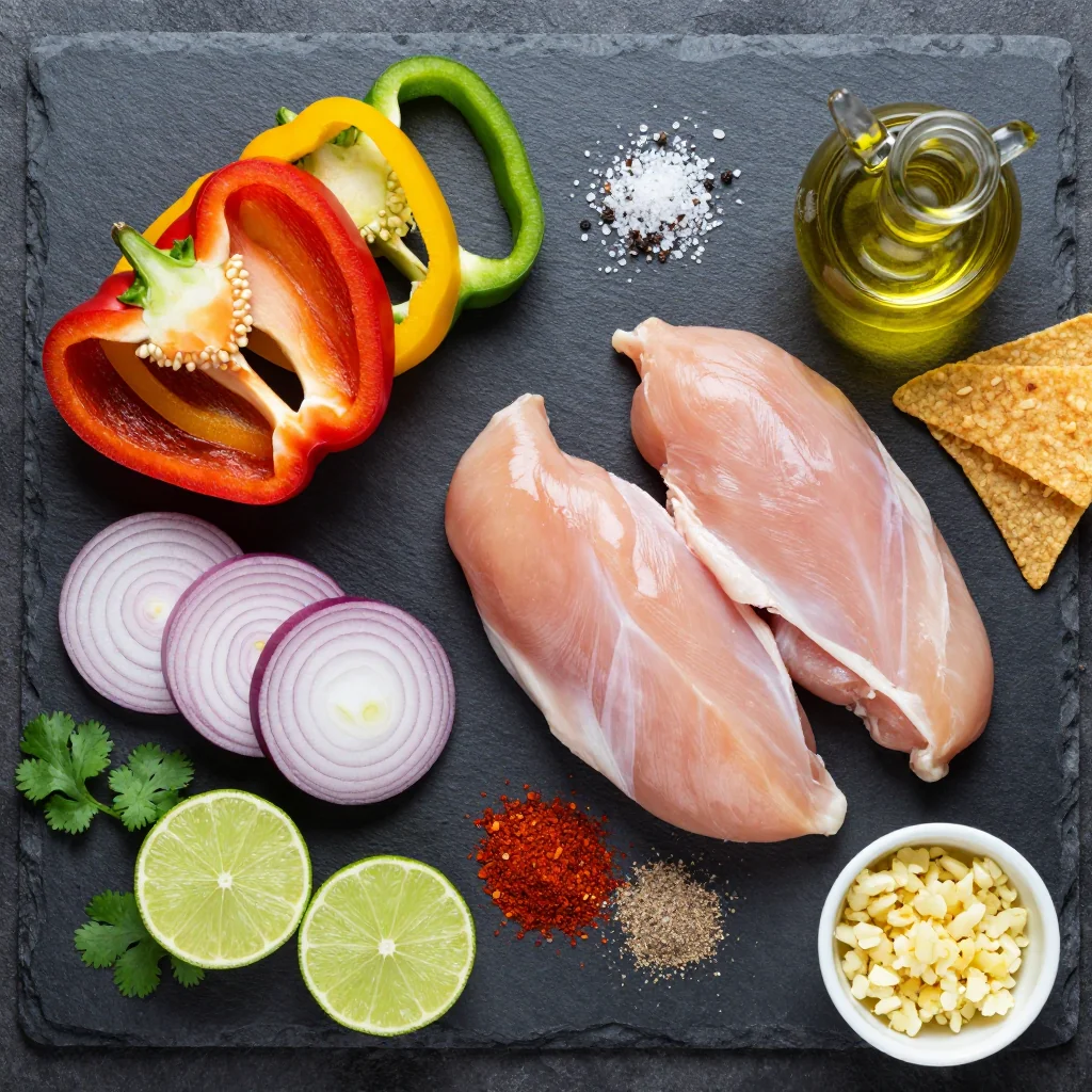 Colorful array of sliced bell peppers, onions, and marinated chicken strips