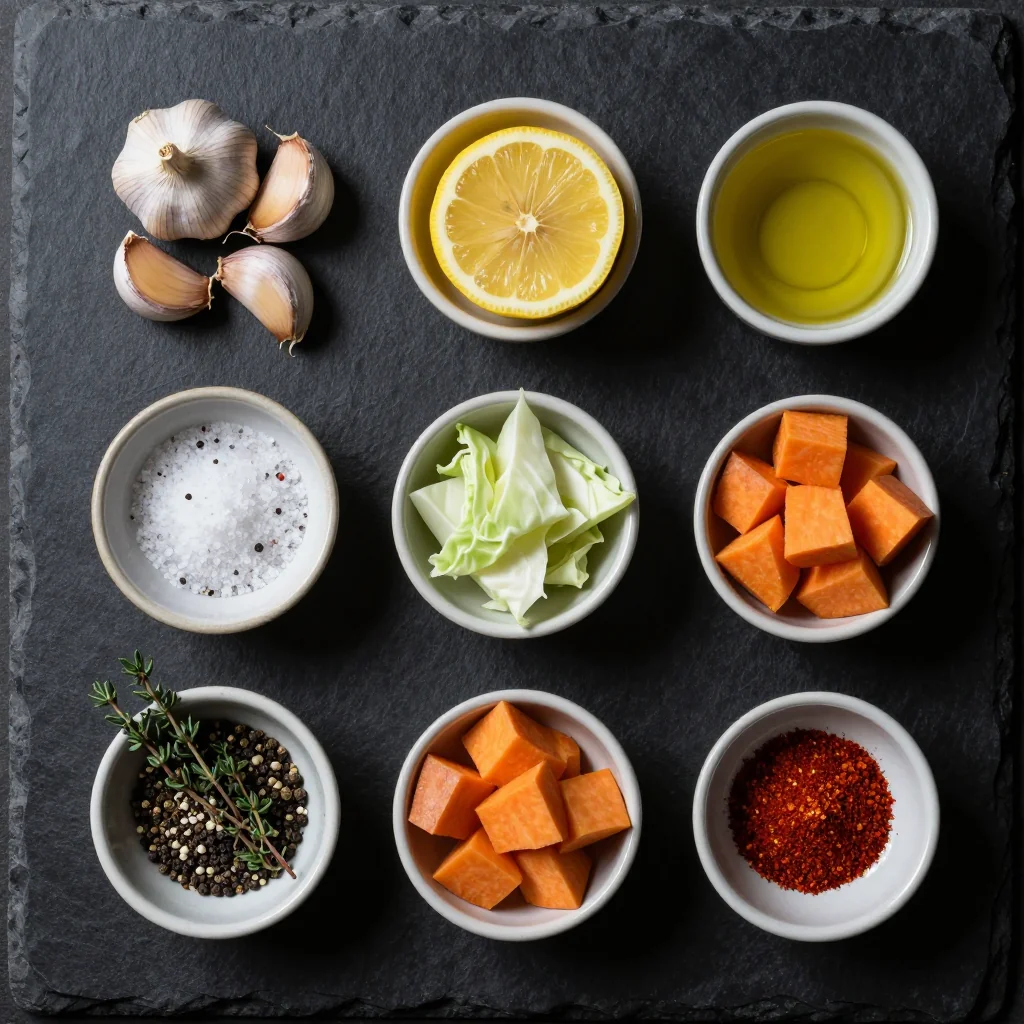 Ingredients for garlic and lemon roasted cabbage with sweet potatoes for dinners