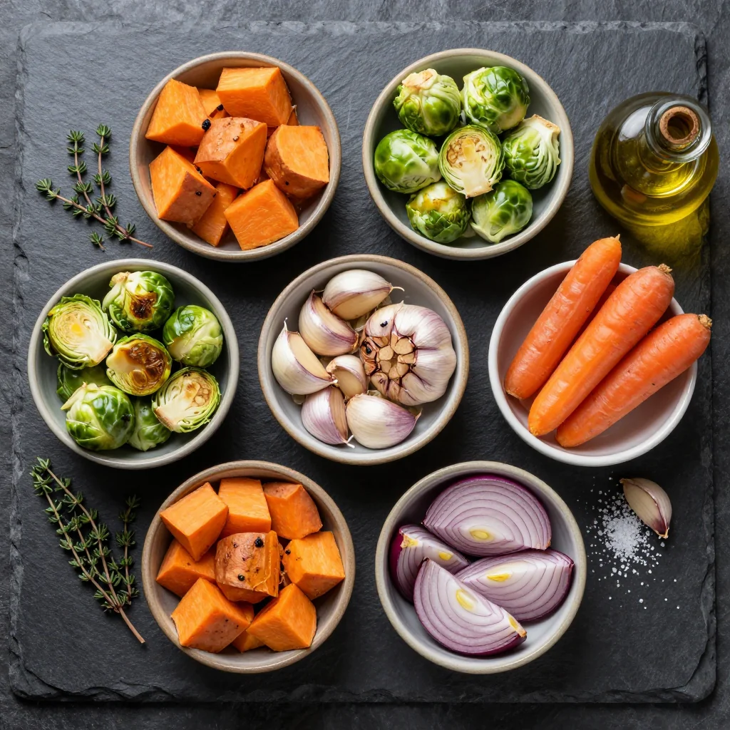Ingredients for garlic roasted winter vegetables with sweet potatoes for cozy dinners