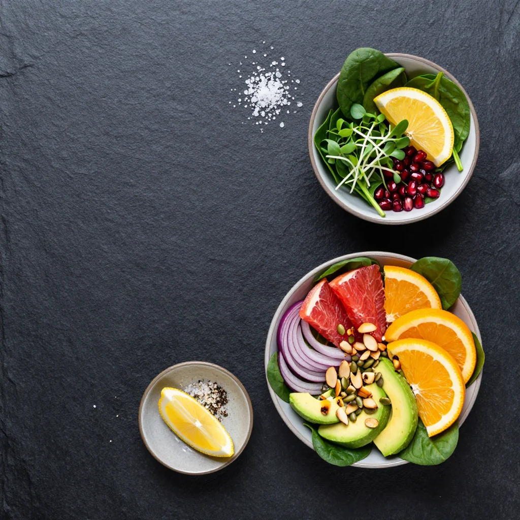Ingredients for healthy citrus spinach salad with grapefruit to start new year right