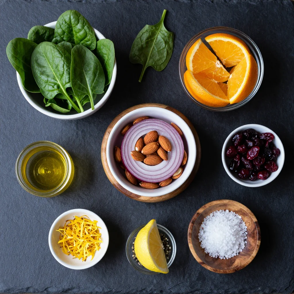 Ingredients for healthy citrus spinach salad with oranges and lemon vinaigrette for January