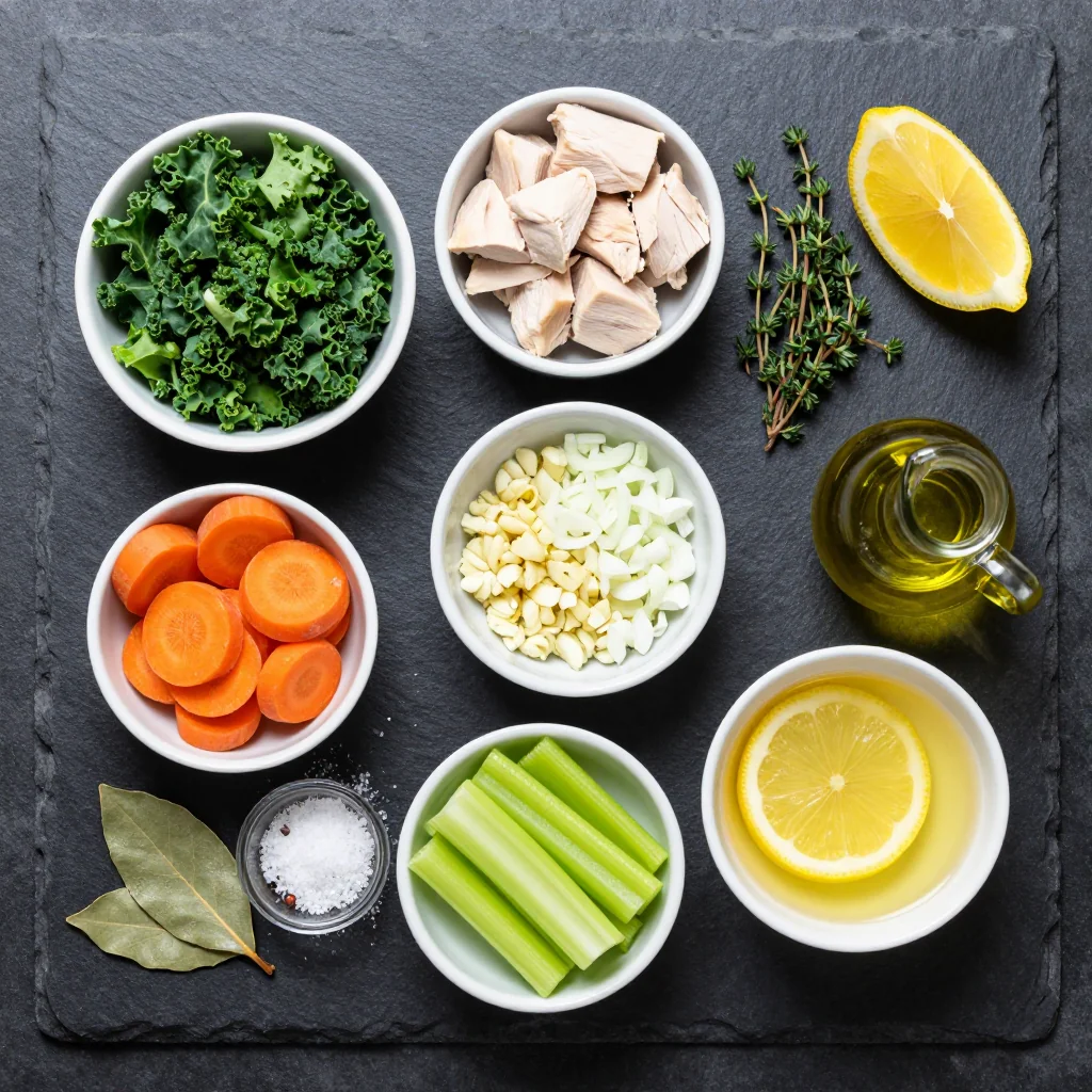 Ingredients for healthy lemon kale chicken soup for cozy winter family dinners