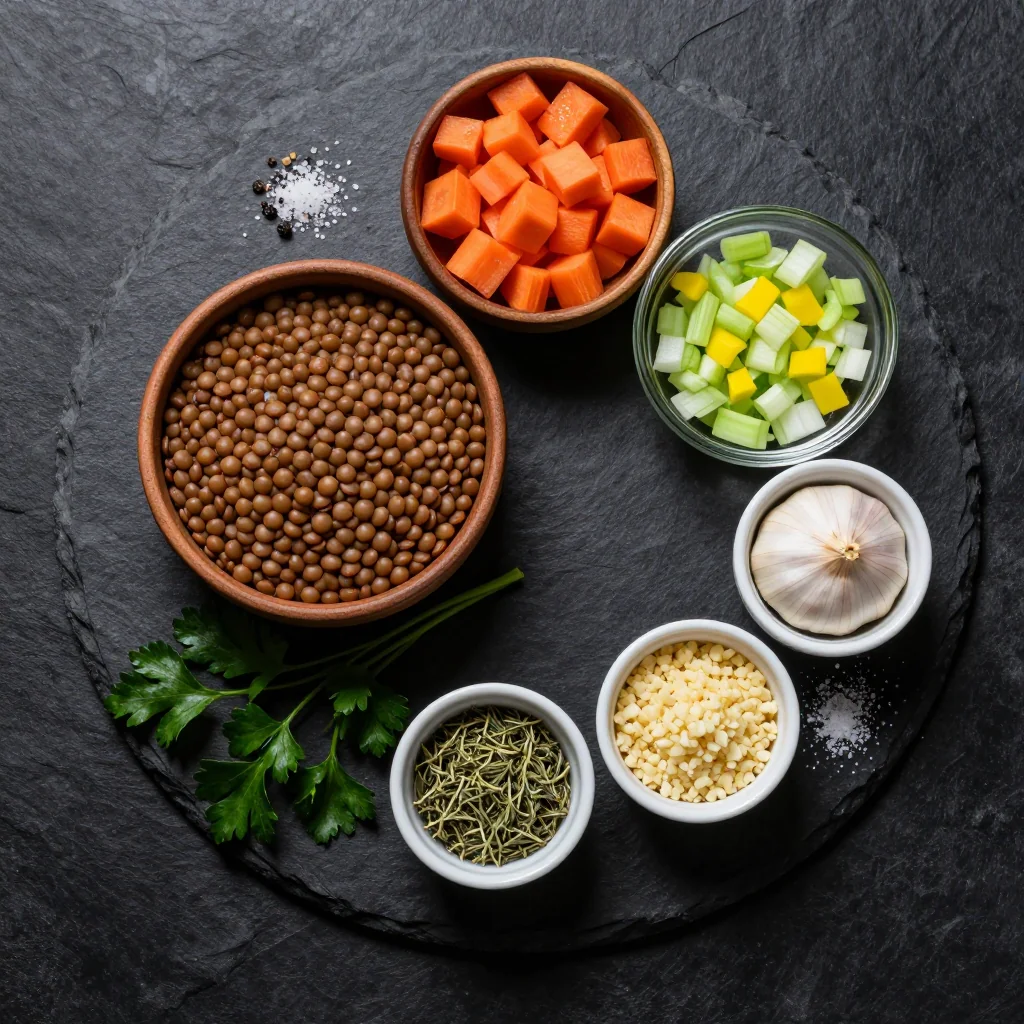 Ingredients for healthy one pot lentil and carrot stew with fresh herbs and garlic