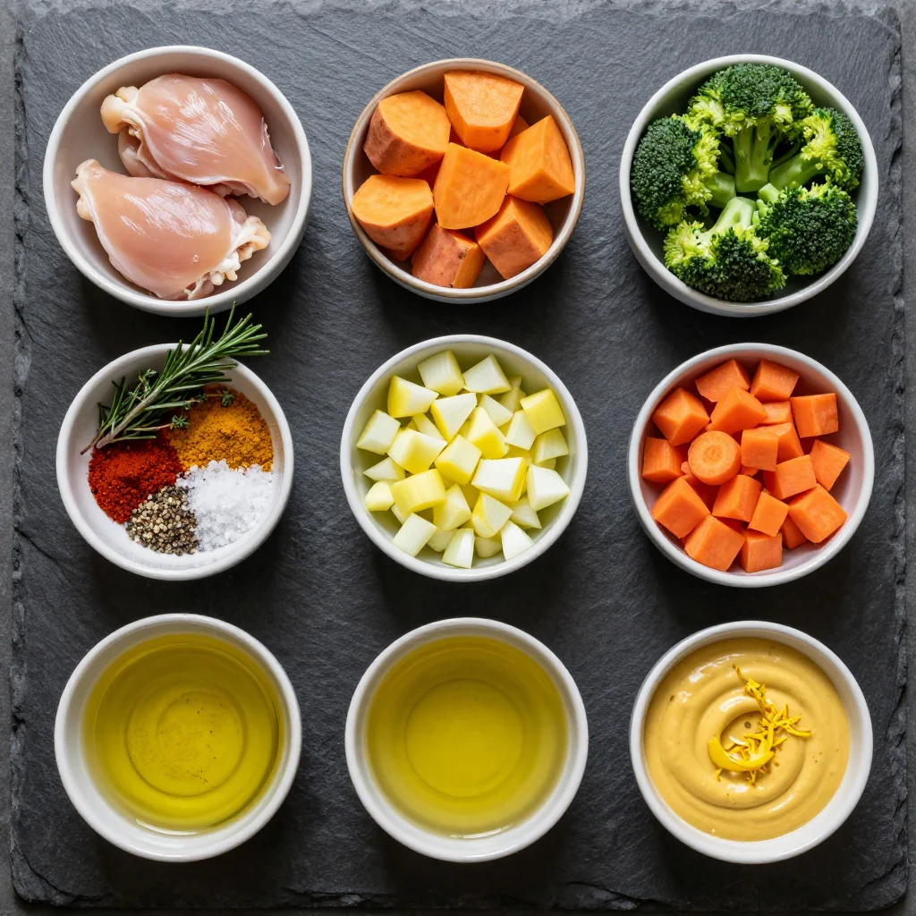 Ingredients for healthy onepot chicken and sweet potato casserole for january meal prep
