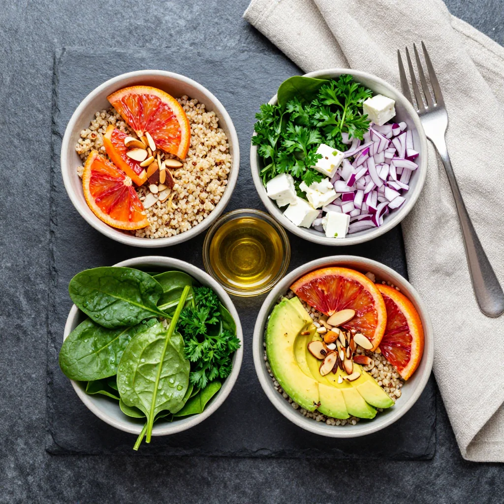 Ingredients for healthy spinach and citrus quinoa salad for light winter lunches