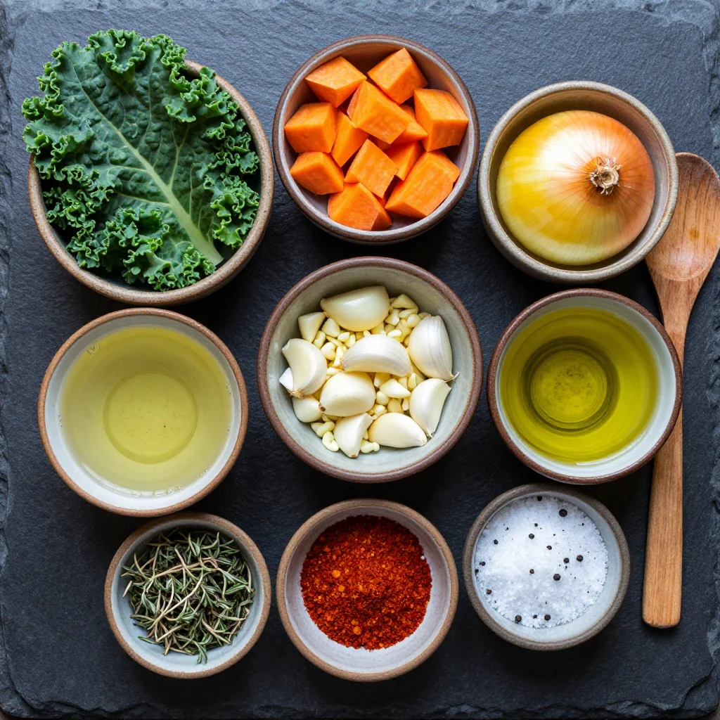 Ingredients for hearty kale and sweet potato soup for cozy winter family dinners
