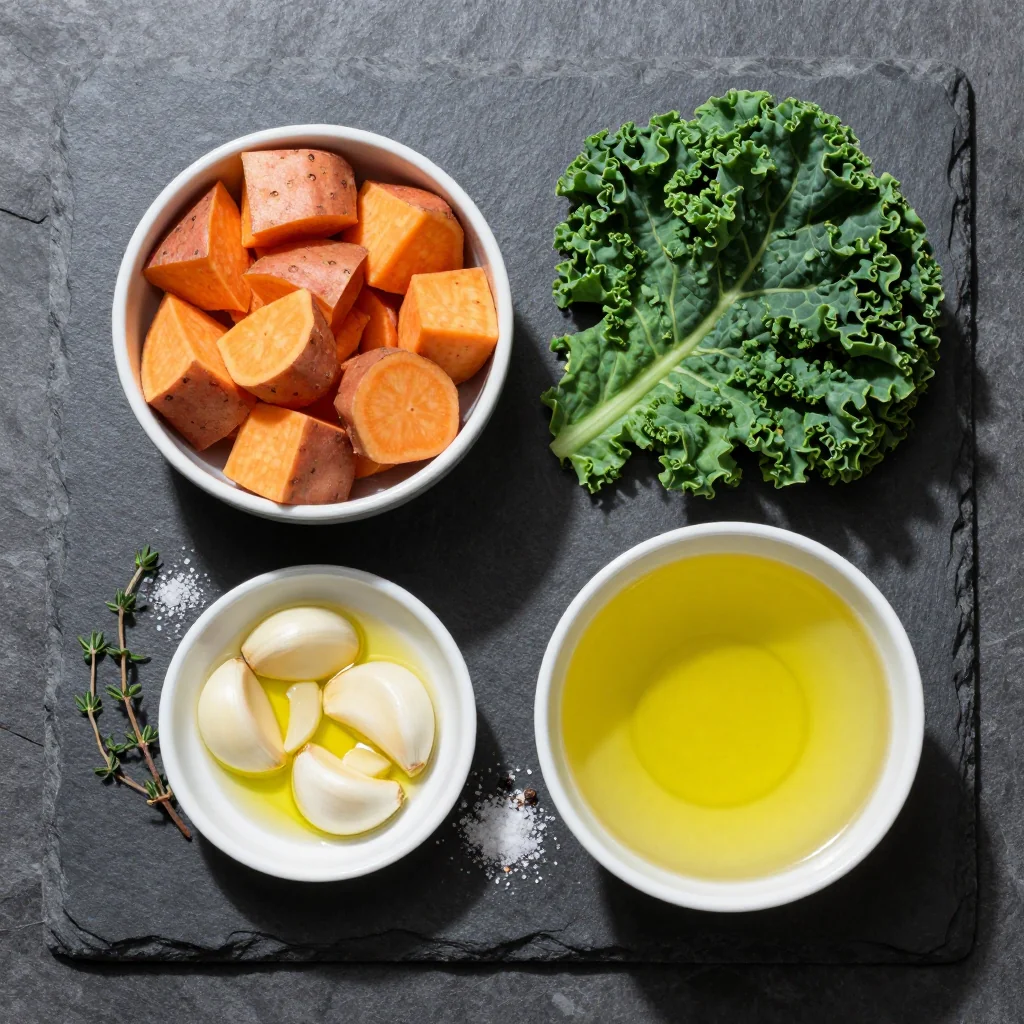Sweet potatoes, kale, garlic, and supporting ingredients arranged on a wooden board