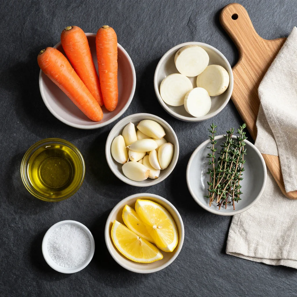 Ingredients for lemon garlic roasted carrots and turnips for familyfriendly dinners