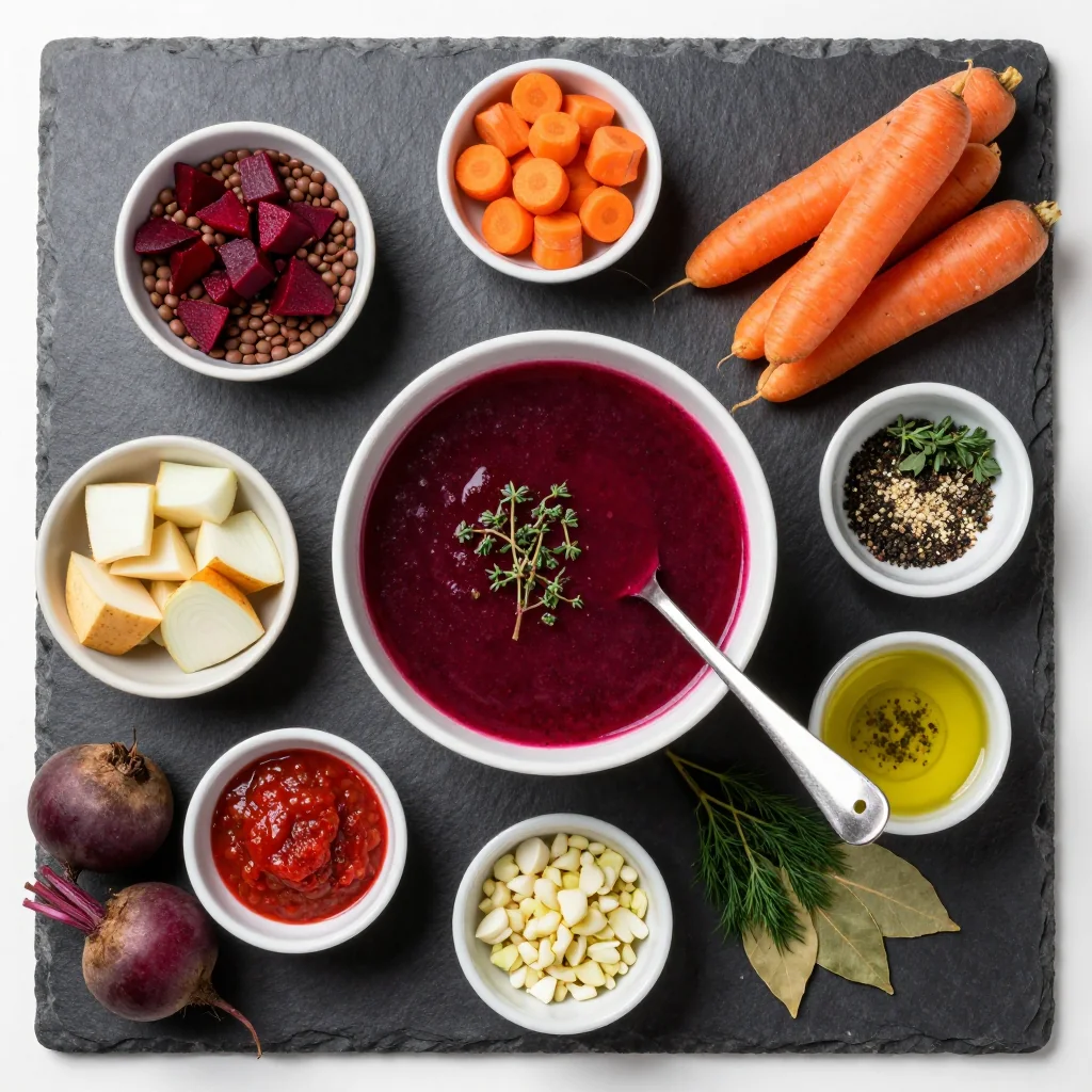 Ingredients for one pot lentil soup with beets and root vegetables for winter comfort