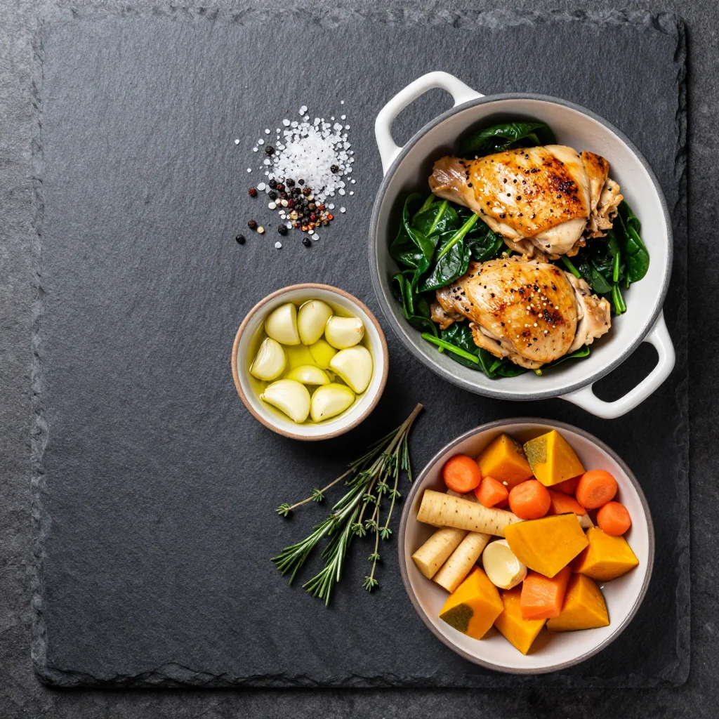 Ingredients for onepot garlic chicken with spinach and winter vegetables