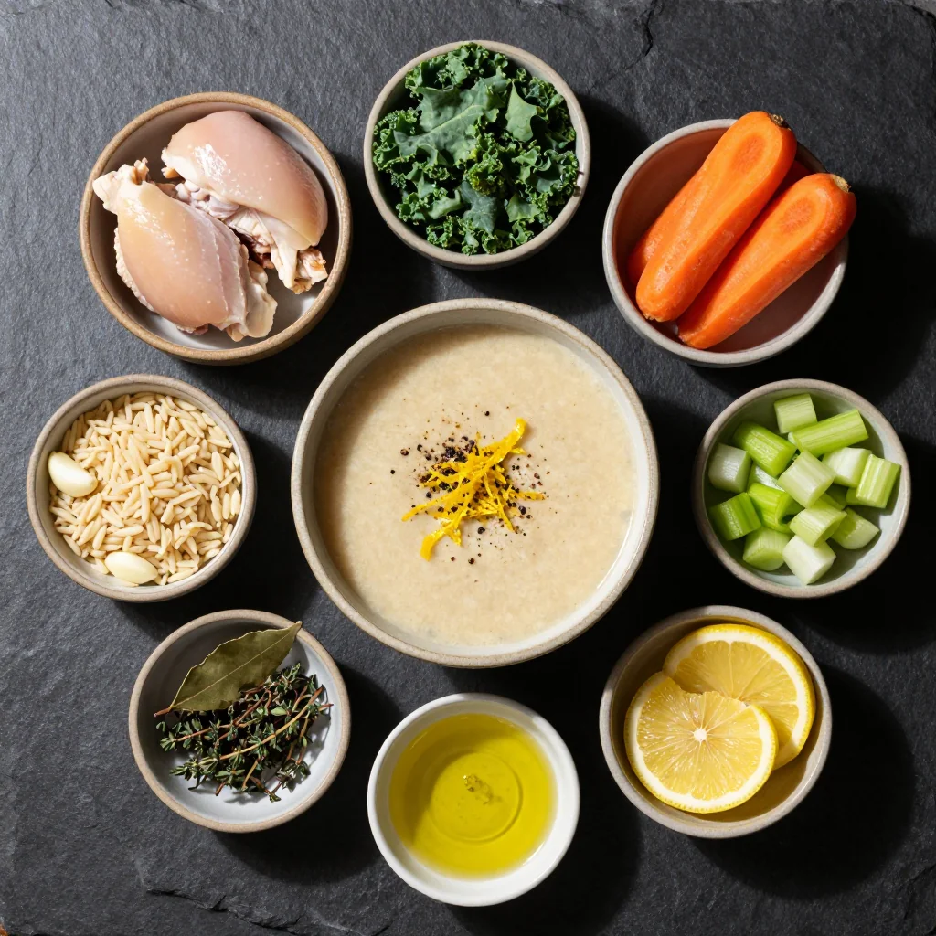 Ingredients for one-pot lemon chicken soup with kale and garlic for nourishing meals