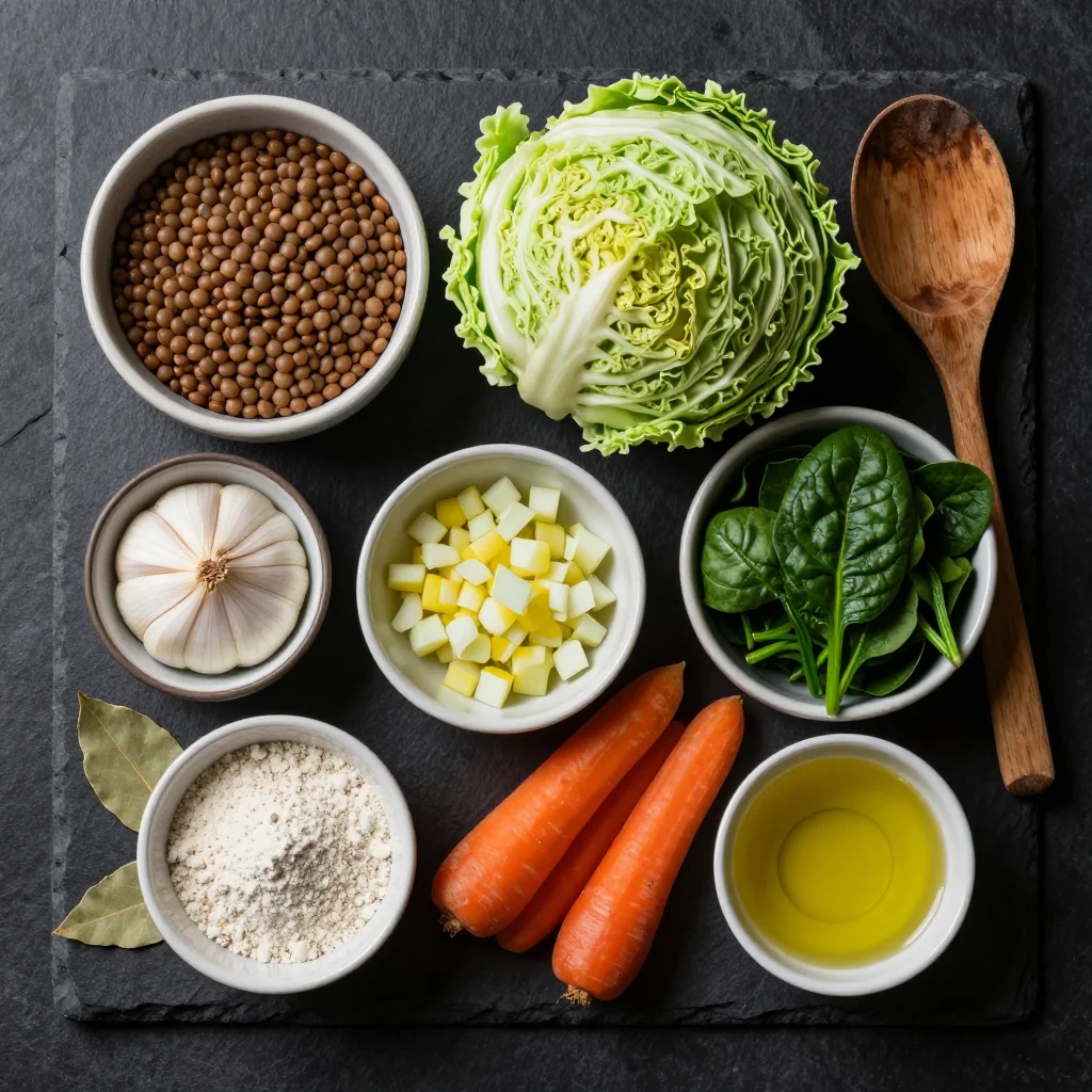 Ingredients for onepot lentil stew with cabbage and spinach for healthy family dinners