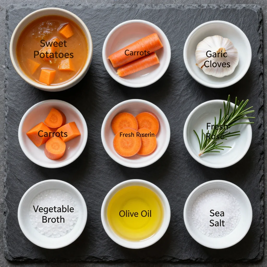 Ingredients for onepot sweet potato and carrot soup with garlic and fresh rosemary