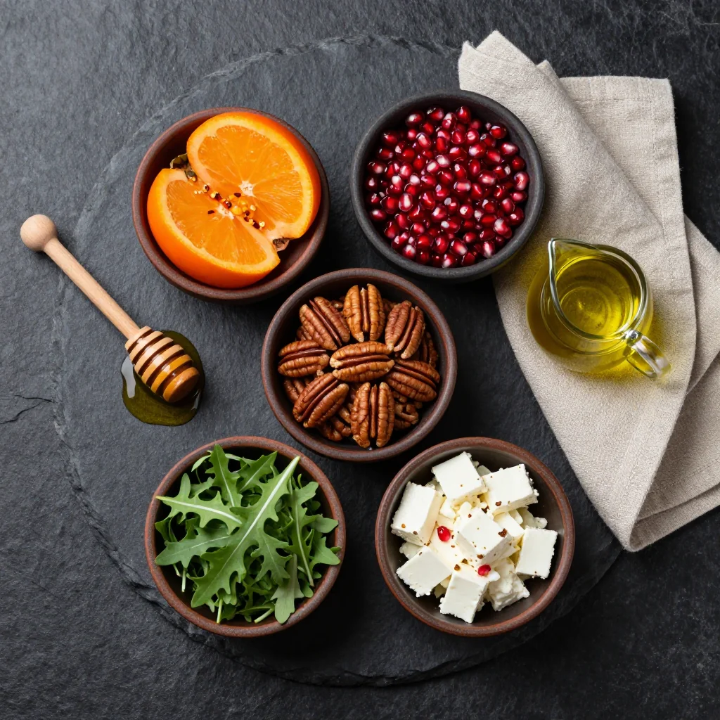 Ingredients for persimmon and pomegranate salad with toasted pecans for holiday sides
