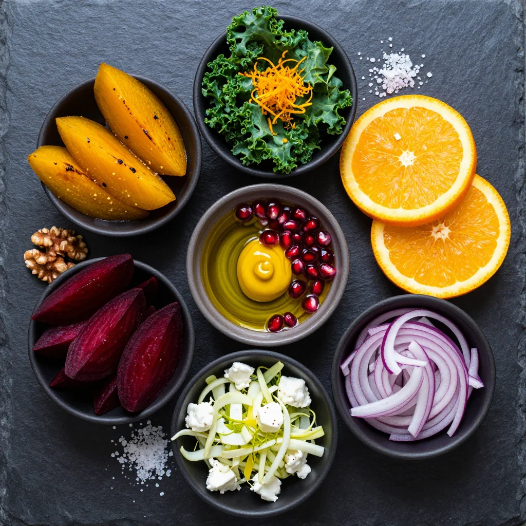 Ingredients for roasted beet and kale salad with citrus vinaigrette for winter meals