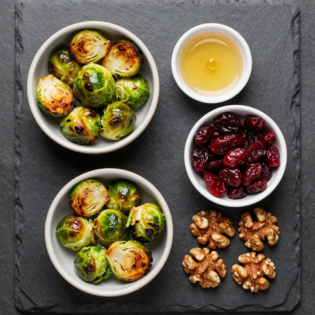 Ingredients for roasted Brussels sprouts with cranberries and toasted walnuts