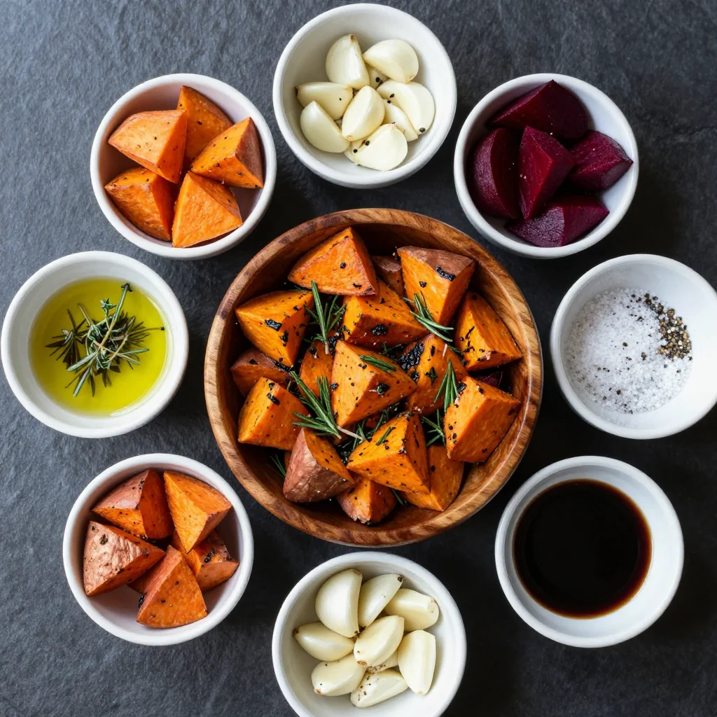 Ingredients for roasted garlic and herb sweet potato and beet salad for winter suppers