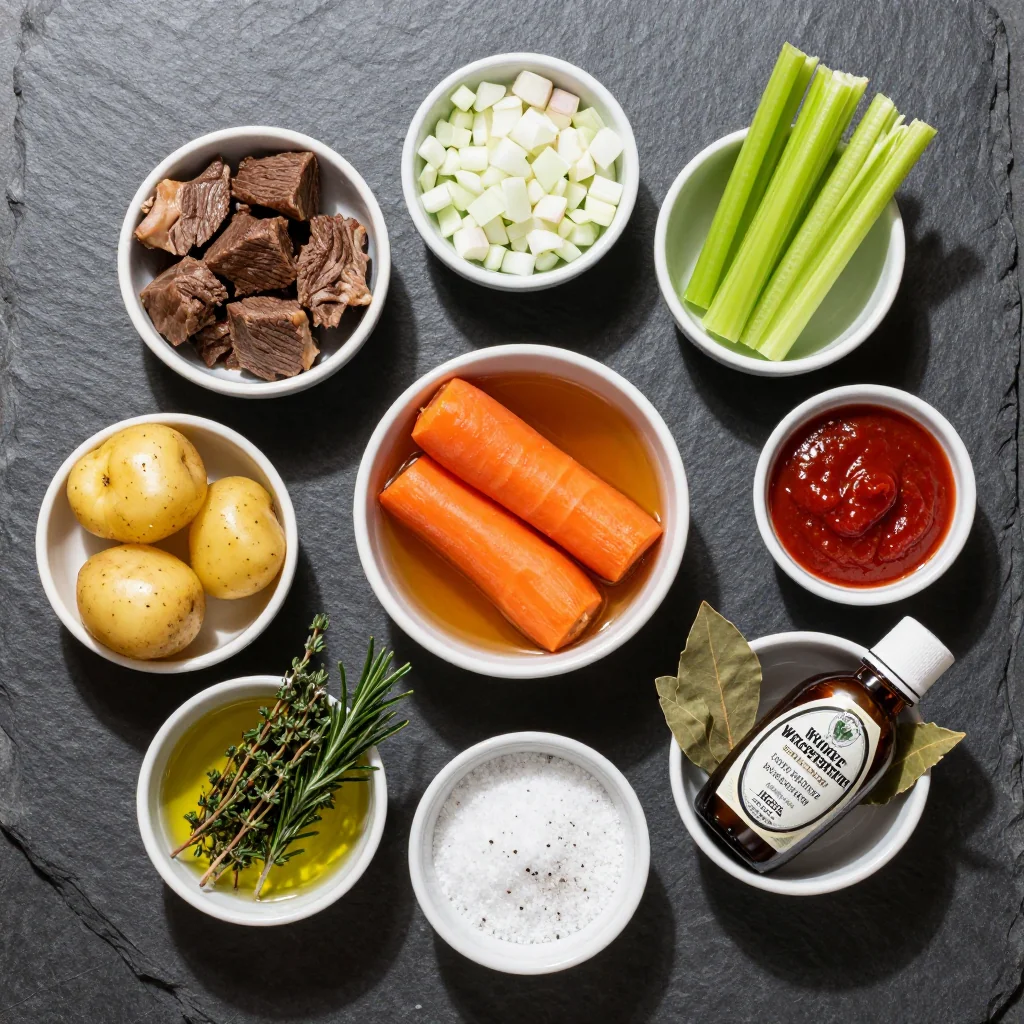 Ingredients for slow cooker beef and carrot stew with fresh herbs for family meals