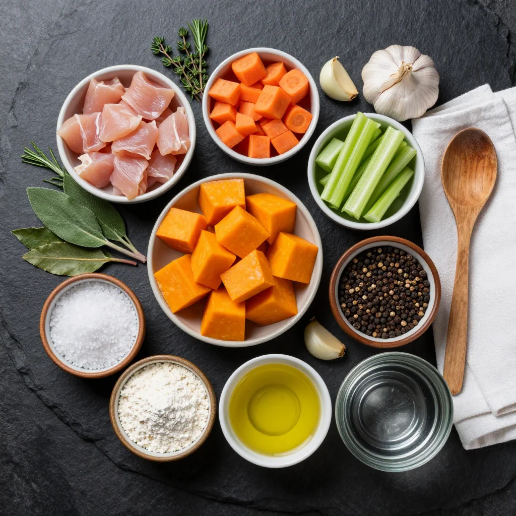 Ingredients for slow cooker high protein chicken and winter vegetable stew for cold nights