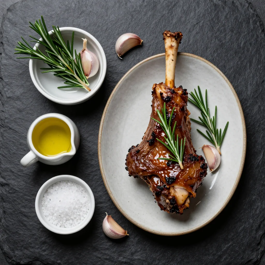 Ingredients for slow roasted lamb shoulder with rosemary and garlic for holiday feasts