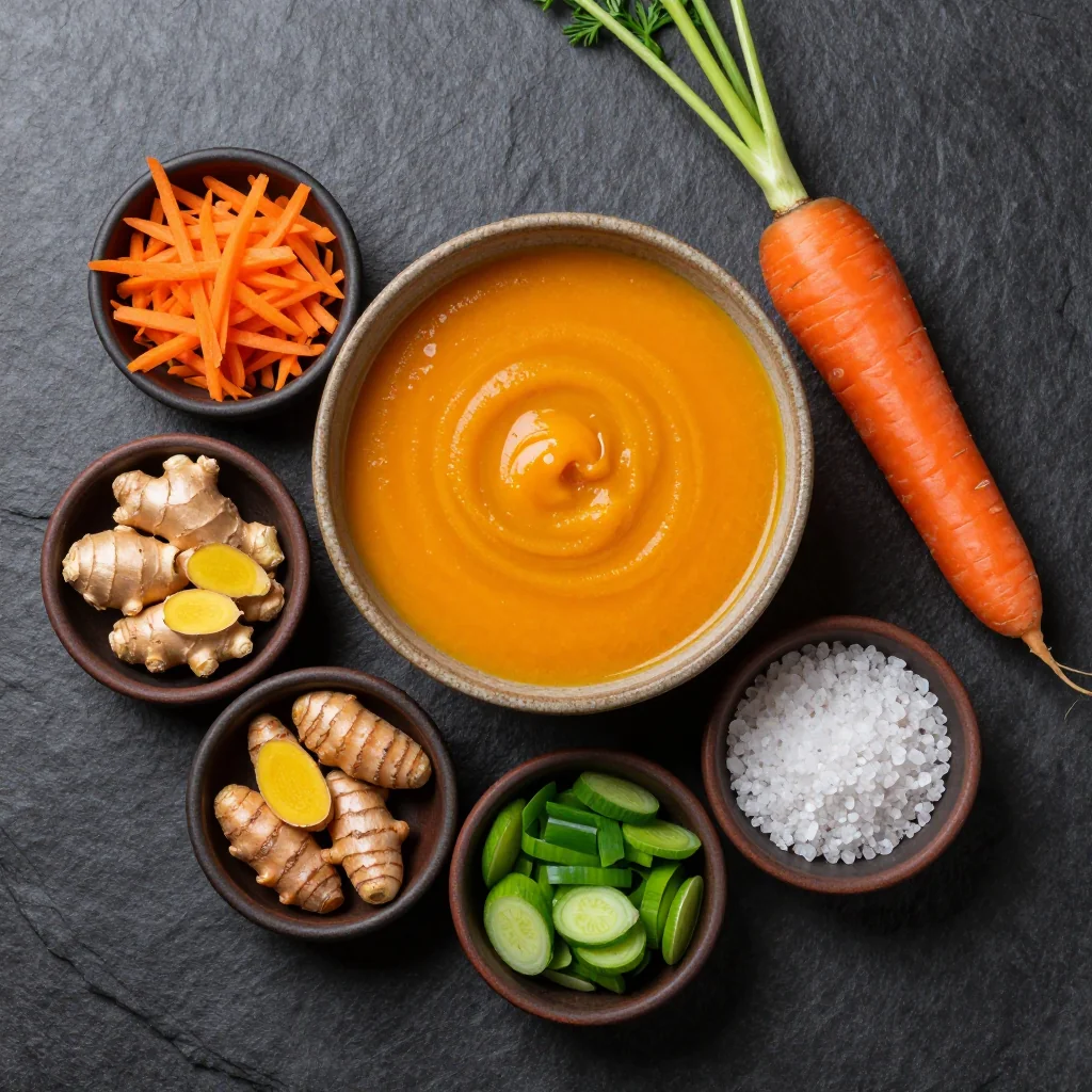 Fresh carrots, ginger root, and aromatic vegetables arranged on a wooden cutting board with herbs
