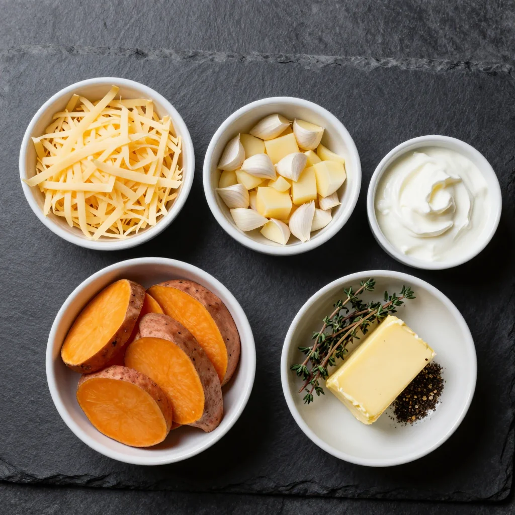 Ingredients for sweet potato gratin with gruyere cheese for winter holiday sides