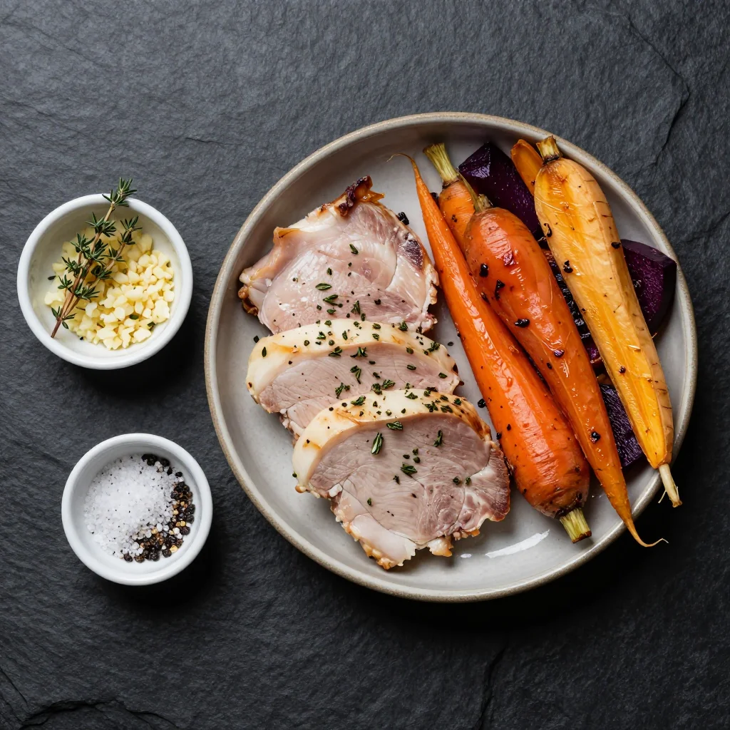 Ingredients for tender garlic and thyme pork loin with roasted winter root vegetables
