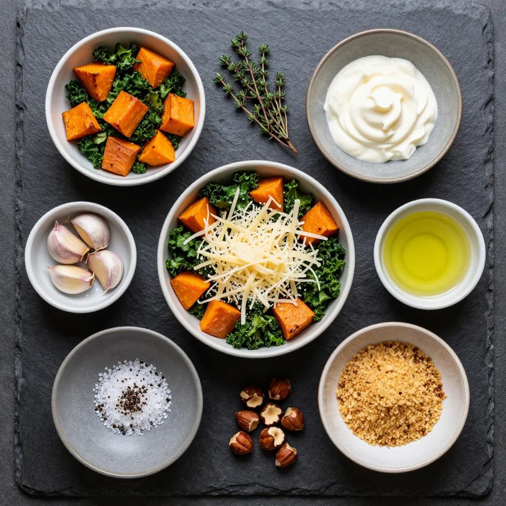 Ingredients for warm baked sweet potato and kale casserole for winter family meals
