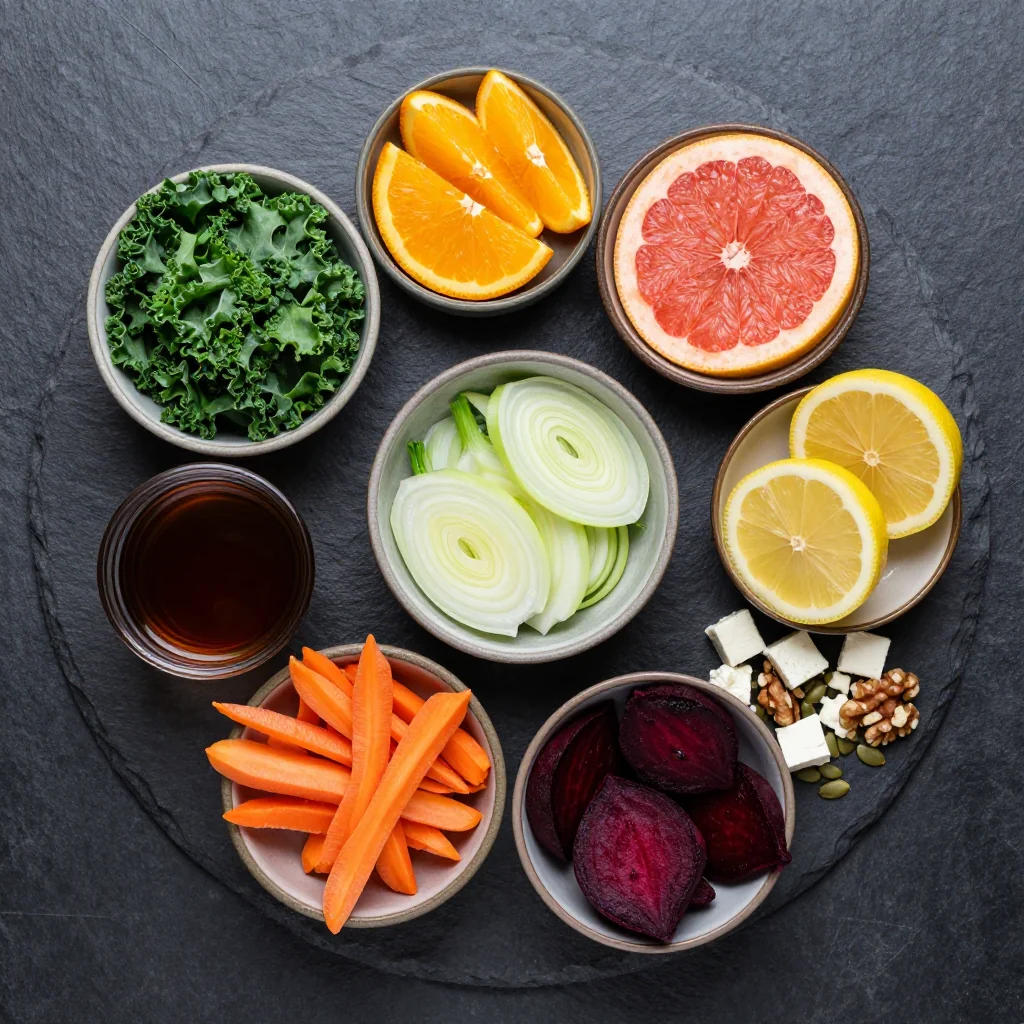 Ingredients for warm citrus and kale salad with roasted beets and carrots