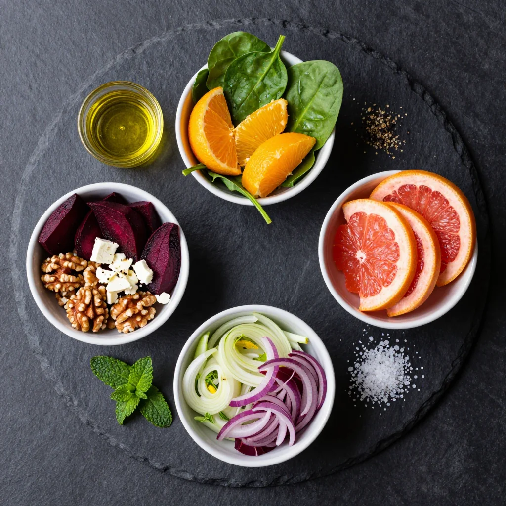 Fresh ingredients arranged for warm citrus and spinach salad