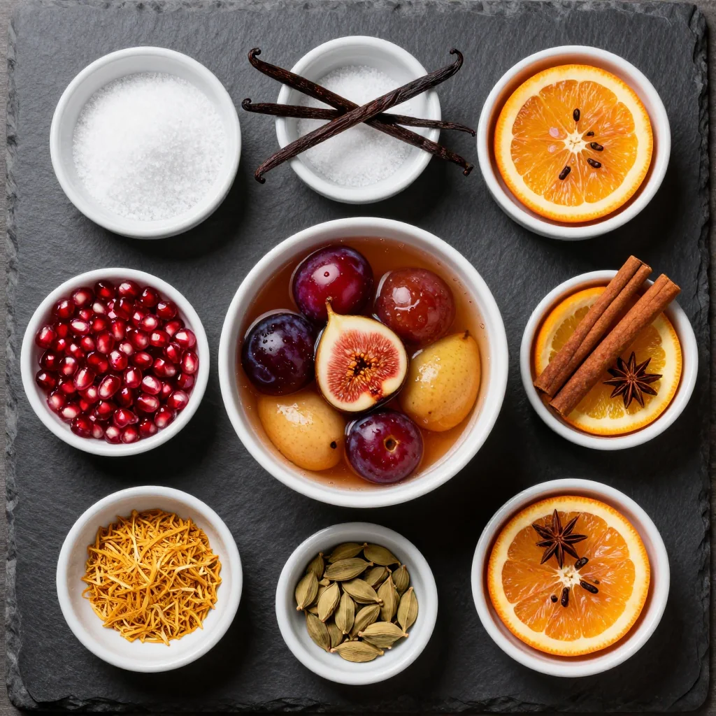 Ingredients for warm winter fruit compote with pomegranate and spiced citrus