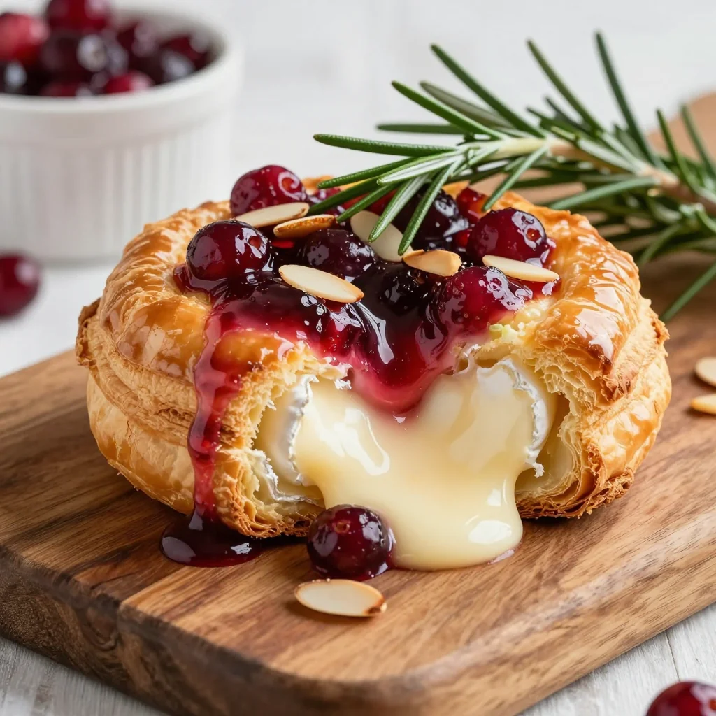 baked brie with cranberry sauce and toasted almonds for holiday appetizers