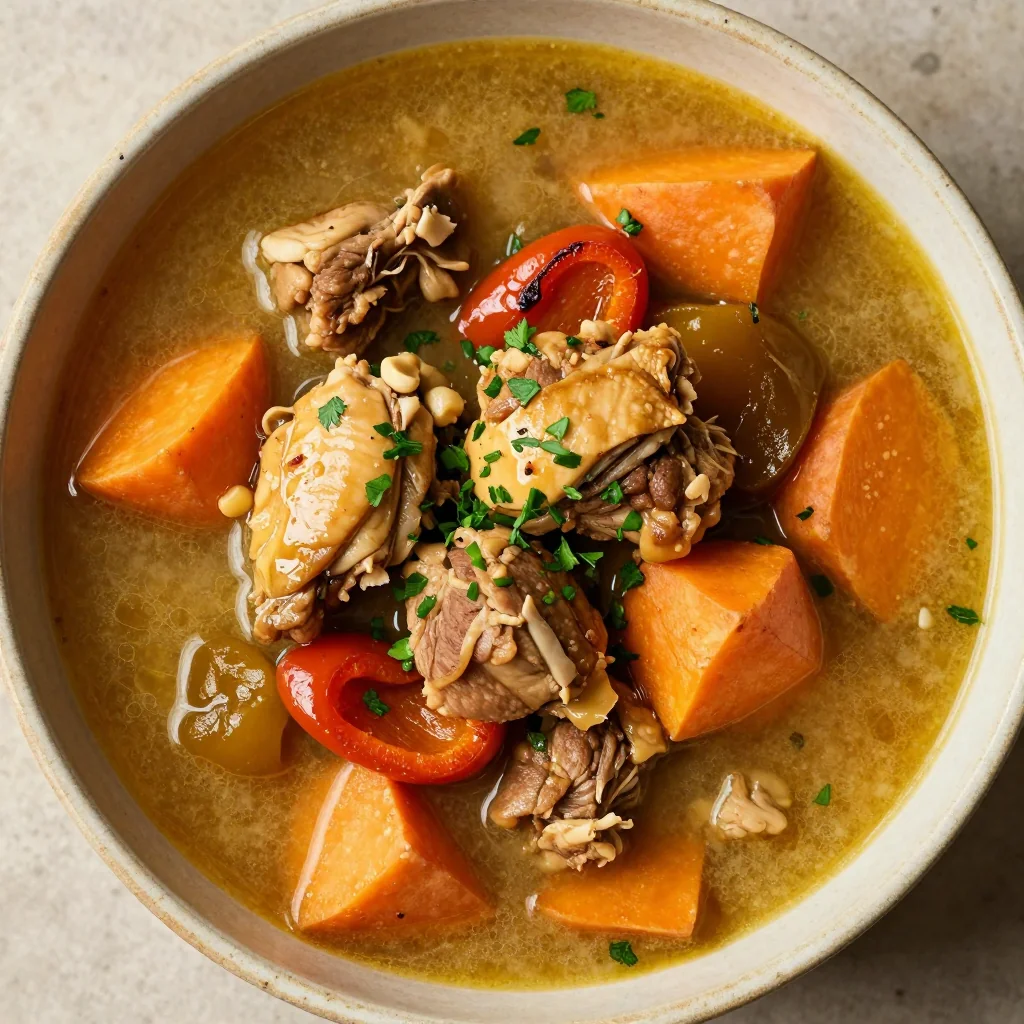batch cook chicken stew with sweet potatoes and roasted vegetables