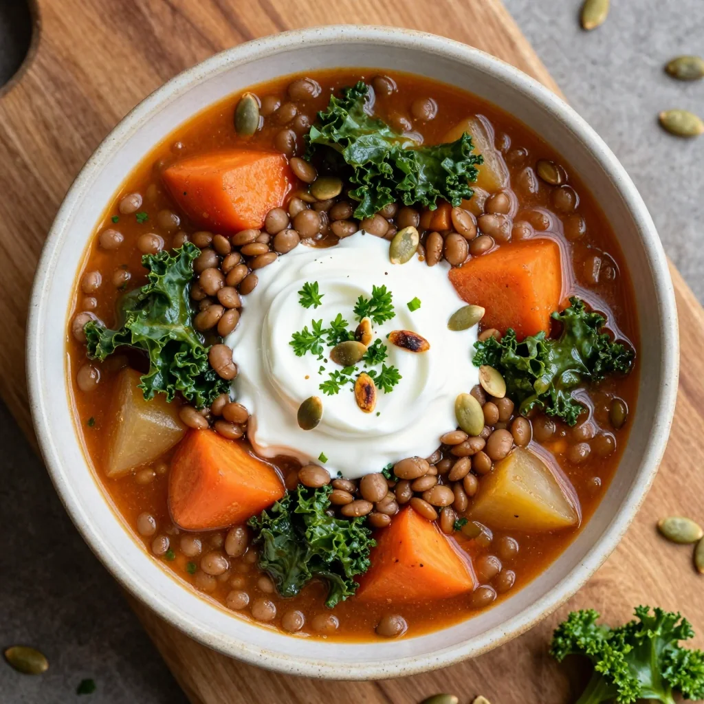 batch cook high protein lentil and winter vegetable stew for meal prep