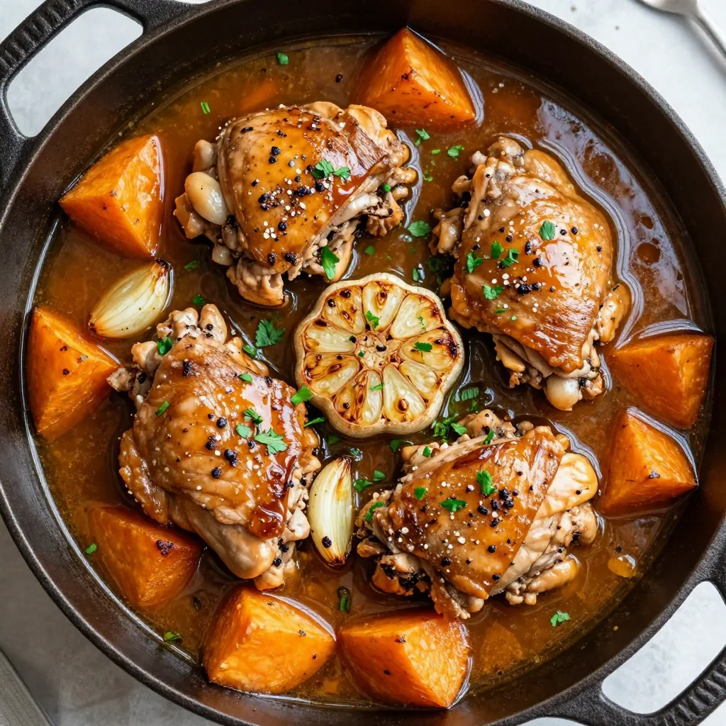 batch cook slow cooker chicken stew with sweet potatoes and garlic