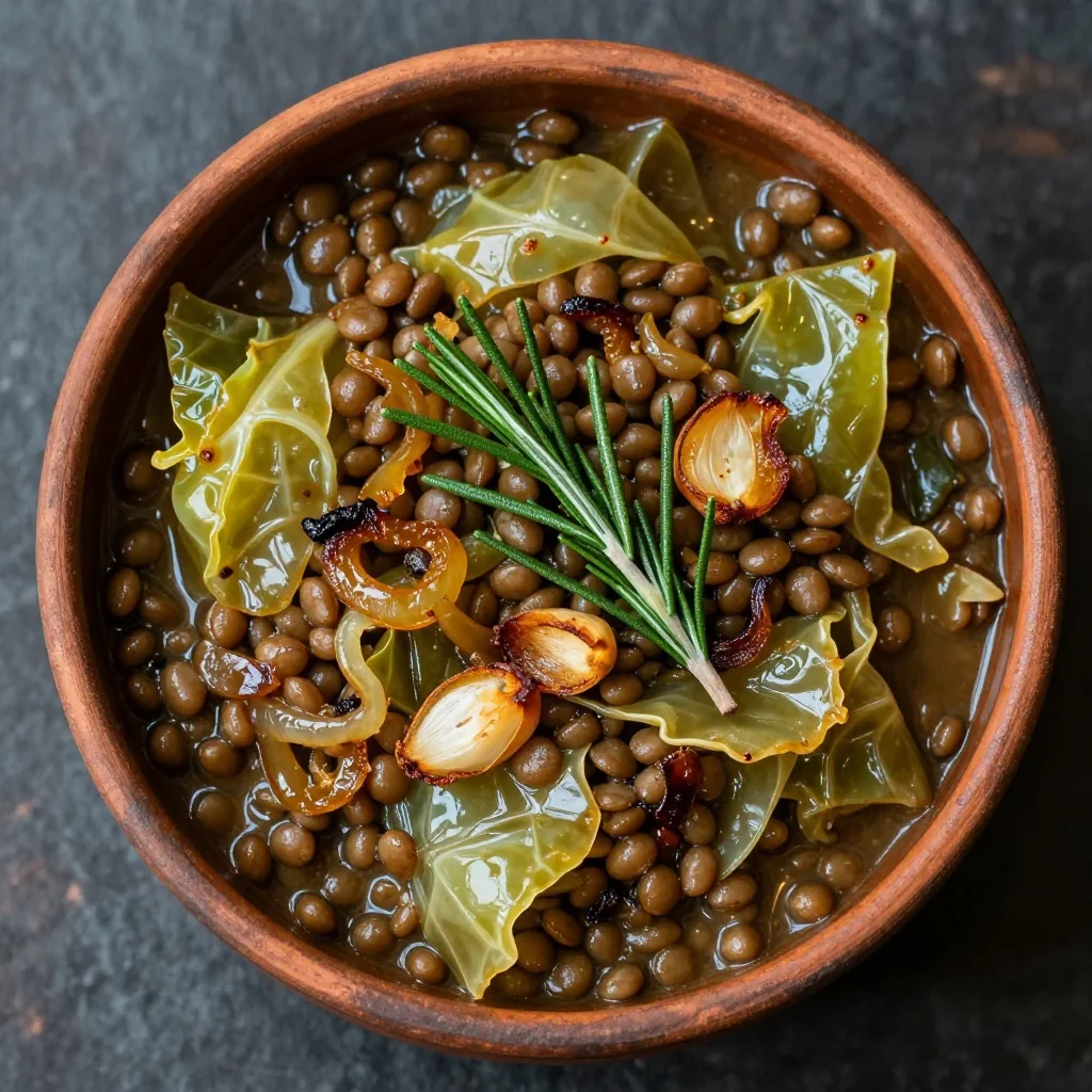 batch cooking lentil and cabbage stew with fresh rosemary for winter