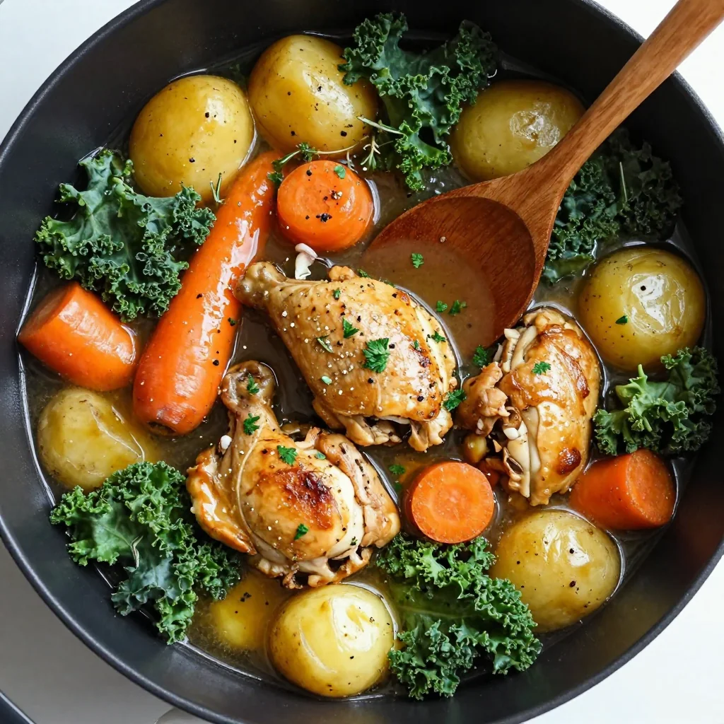 cozy one pot chicken and winter vegetable stew with garlic and herbs